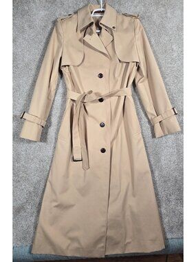 Etienne Aigner Trench Coat Tan Beige Belted Long Vtg Hong Kong Leather Trim sz 8